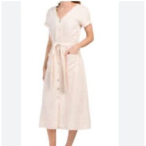 Rachel Zoe Pink Linen Button Up Belted Short Sleeve Shirt Dress Medium